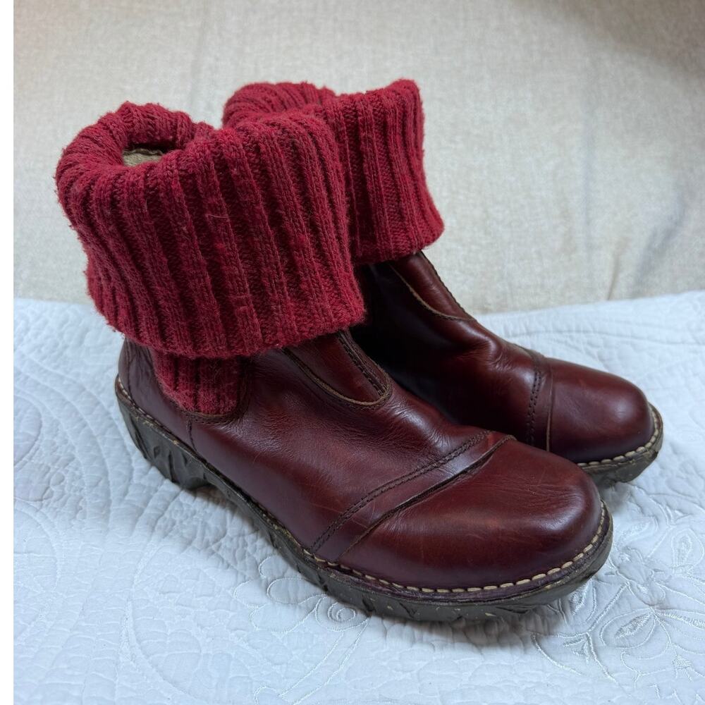 El Naturalista Womens 6 Red Yggdrasil Knit Cuff Leather Ankle Boots Comfort Boho
